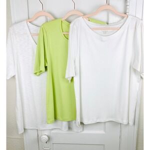 Chicos Set of 3 Green + White Cotton Ultimate T-Shirts SZ 3 XL Slub V Neck NWOT